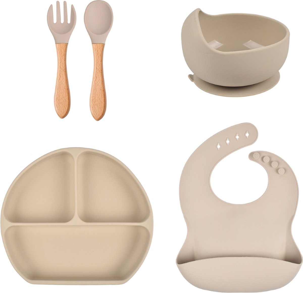 Goedkoopste Ambraese - Siliconen kinderservies - Baby bestek - 5 delig - BPA vrij - met zuignap