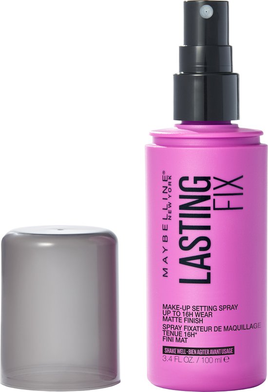 Maybelline New York Lasting Fix make-up setting spray in een fuchsia fles, dop ernaast. Text: "LASTING FIX", "MAKE-UP SETTING SPRAY UP TO 16H WEAR", "MATTE FINISH".