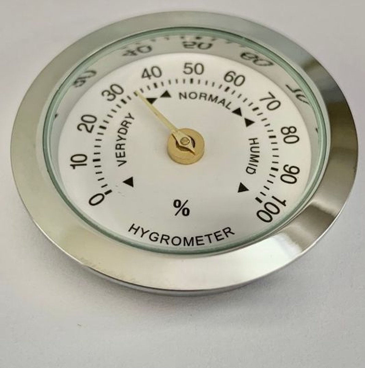 Hygrometer - analoog - zilverkleurig - 37 mm groot - 9 mm dik - kleine hygrometer - vochtmeter