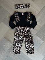 Panterprint setje baby meisje - 3 delig - haarband - broekje - rompertje - zwart - maat 74 - newborn kleding - babykleding - baby meisje cadeau
