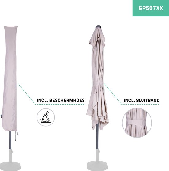 Lichtgrijze parasol met beschermhoes en sluitband.