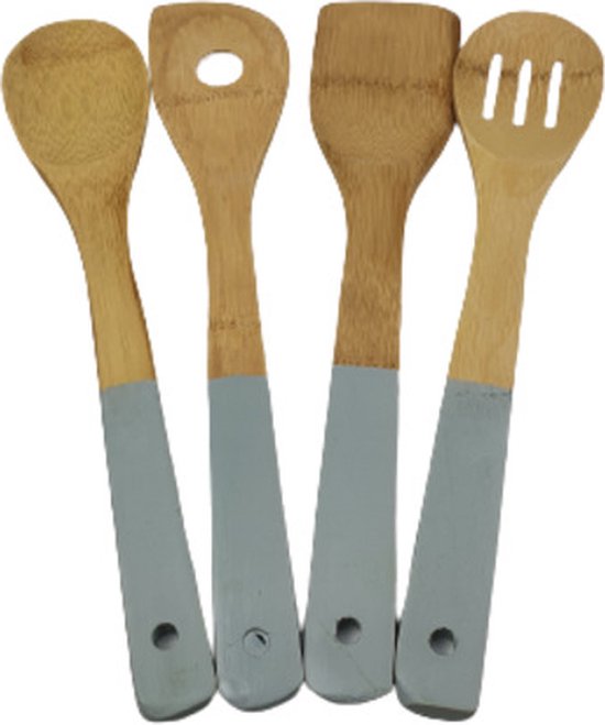 Keukengerei set BRODIE - Lichtbruin / Grijs - Hout - l 30 cm - 4 stuks - Koken - Keuken - Pollepel / Spatel / Saladelepel / Opscheplepel