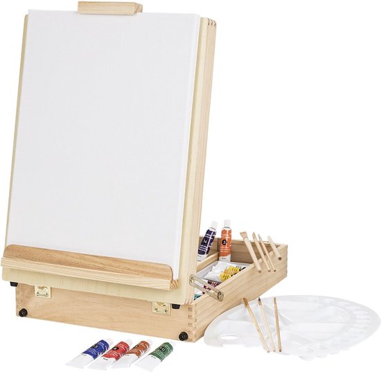 Relaxdays houten tekendoos - aquarelverf - tekenkoffer - tekenset - tekenkist - beginners
