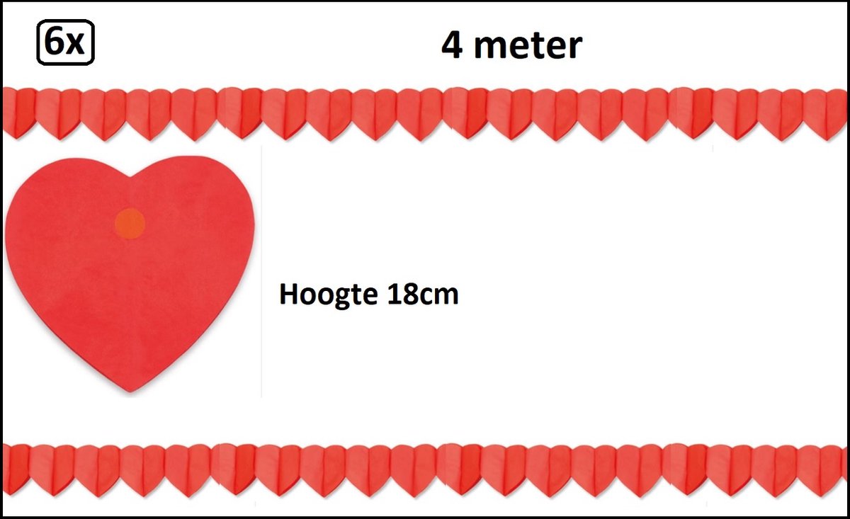 6x Slinger hartjes 4 meter papier - Liefde valentijn trouwen huwelijk verliefd hart thema feest carnaval