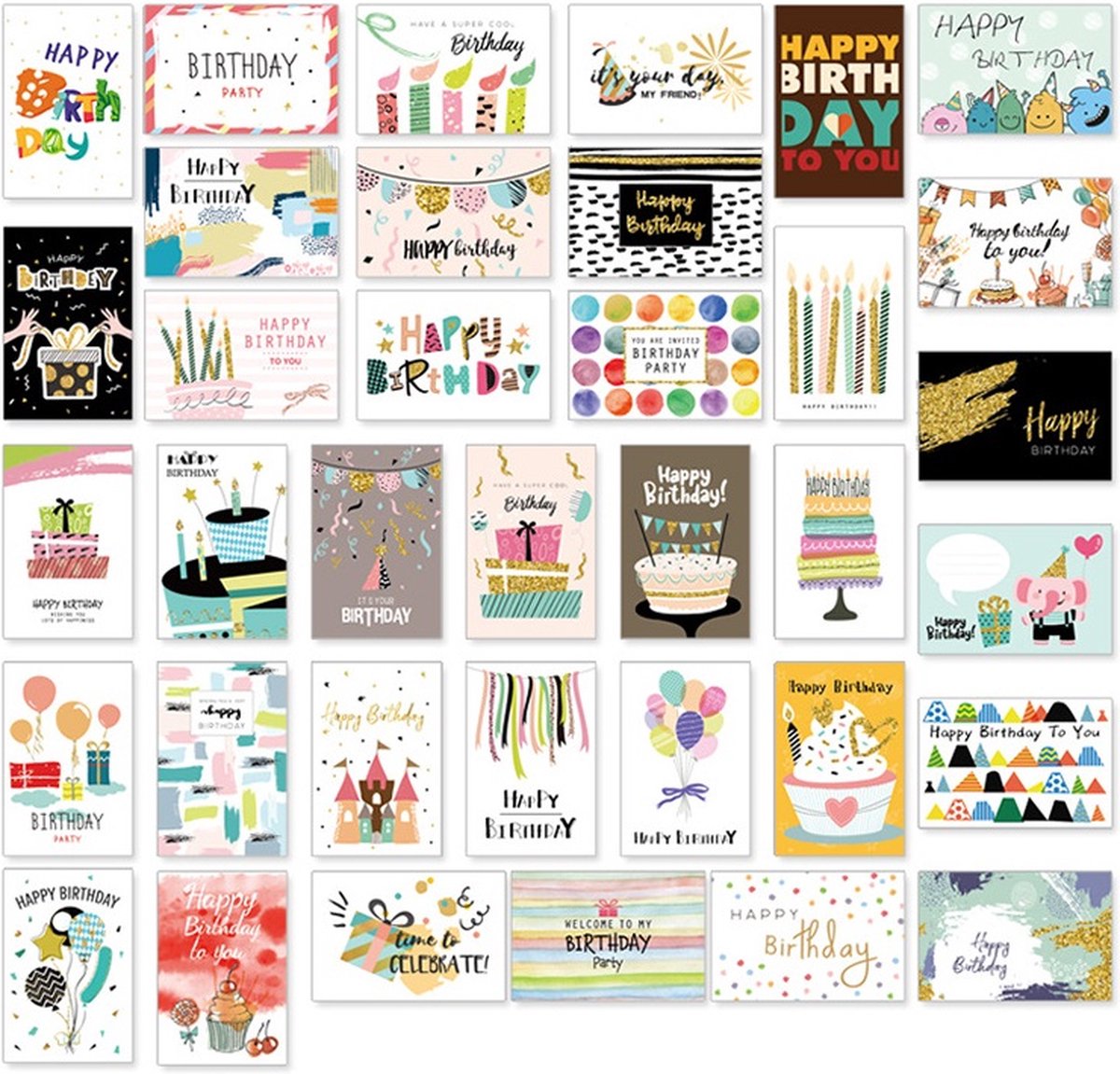 SUNMOOL Wenskaarten - Happy Birthday - Verjaardag - 10x15cm - Gevouwen kaarten met enveloppen - 36 Stuks