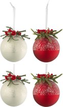 J-Line Doos Van 4 Kerstballen Kerstdeco+Bessen Suiker Glas Wit/Rd Small