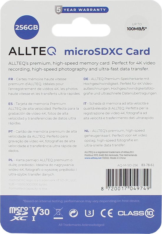 Carte Micro SD 512 GB, Carte mémoire, SDXC, V30, avec adaptateur SD, Allteq