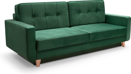 InspireMe- 3-zitsbank van Velvet voor woonkamer, slaapbank, sofa met slaapfunctie en opbergruimte, moderne bank, 3-zits - 228x89x90 cm, 202x142cm - LOKO (Smaragdgroen)