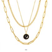Twice As Nice Halsketting in goudkleurig edelstaal, 3 kettingen, ronde hanger, zwart  44 cm+5 cm
