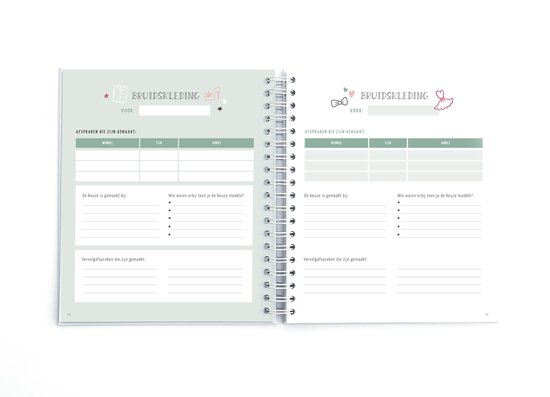 Een open ringband-planner met secties voor 'BRUDSKLEDING' en afspraken.