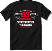 93 Jaar Legend - Feest kado T-Shirt Heren / Dames - Wit / Rood - Perfect Verjaardag Cadeau Shirt - grappige Spreuken, Zinnen en Teksten. Maat XL