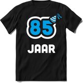 85 Jaar Feest kado T-Shirt Heren / Dames - Perfect Verjaardag Cadeau Shirt - Wit / Blauw - Maat L