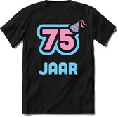 75 Jaar Feest kado T-Shirt Heren / Dames - Perfect Verjaardag Cadeau Shirt - Licht Blauw / Licht Roze - Maat 7XL