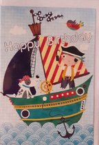 Gefeliciteerd met je verjaardag! Mensen die graag op een schip zitten en van varen houden willen deze wenskaart graag ontvangen. Een leuke kaart om zo te geven of bij een cadeau te voegen. Een dubbele wenskaart inclusief envelop en in folie verpakt