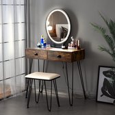 Milla Kaptafel incl. Make-Up Spiegel met LED verlichting en Krukje - Make Up Tafel - Opberglades - Industrieel - Bruin, Zwart