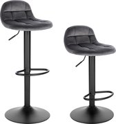 Kamyra® Industriële Velvet Barkrukken - Barstoelen met Rugleuning - Verstelbare Zithoogte 62 - 83 cm - Draaibaar - Set van 2 - Grijs 39 x 30 cm
