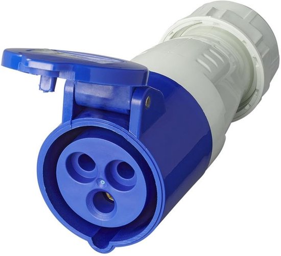 Blauwe en witte CEE contrastekker met klepje geopend, met drie ronde contacten.