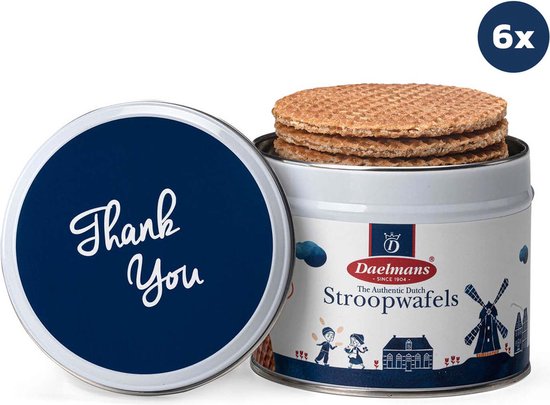 Stroopwafel Cadeau Blik 'Thank You' - Doos met 6 blikjes - 230 gram per blik - 8 Stroopwafels per blik (48 Koeken )