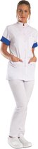 Tunique pour femme Care Coat - blanche avec accent bleu - col montant et col en V - poche poitrine et poches latérales - taille 46