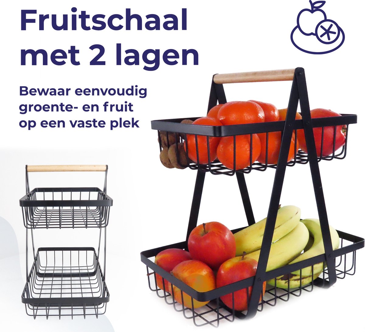 2-laagse fruitmandschaal, geschikt voor keukenwerkblad, fruit- en