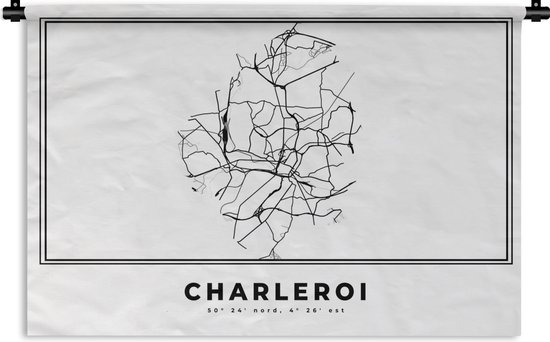 Wandkleed - Wanddoek - Stadskaart – Zwart Wit - Kaart – Charleroi – België – Plattegrond - 180x120 cm - Wandtapijt