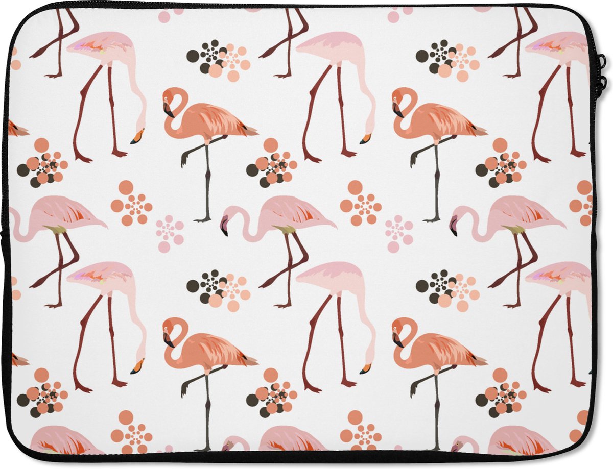 Laptophoes 15.6 inch - Patroon - Flamingo - Bloemen - Laptop sleeve - Binnenmaat 37x26 cm - Zwarte achterkant