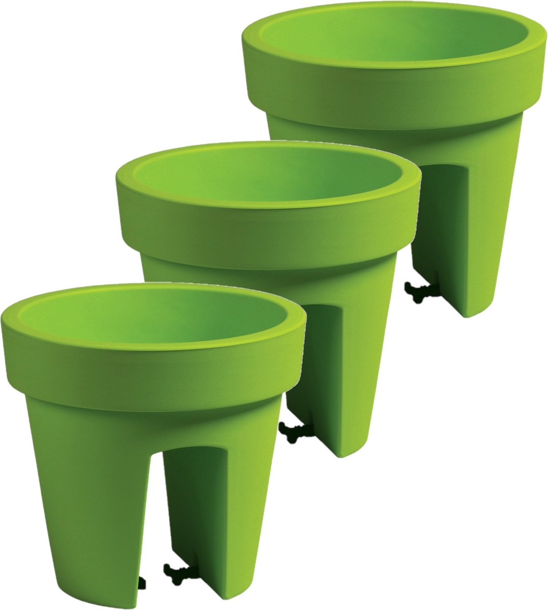 Balkon plantenpot/bloempot - 3x stuks - limegroen - 5 liter - kunststof - D25 x H23 cm - met relingklem