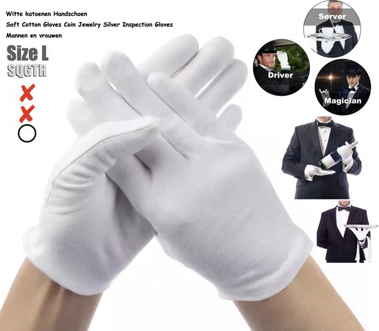 12Stuks/6Paar Witte Katoenen Handschoenen Arbeid Handschoenen Voor Sieraden Waardering Dunne Medium Cleaning Tuinieren Etiquette Levert - Handschoenen - Gloves Cotton - Maat L  ………..    SQGTR