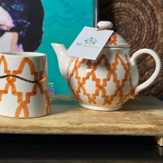 Bella Fiore Porseleinen Theepot Met Warmer – 1L Theeset Met 2 Mokken – Bruin – Cadeau Idee