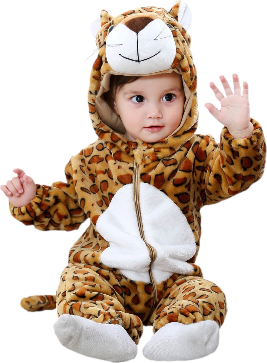 Budino® Baby Onesie - Baby Romper - Baby Pyjama - Baby Pakje - Baby Verkleedkleding - Carnavalskleding - Dier - Luipaard - Bruin - maat 80