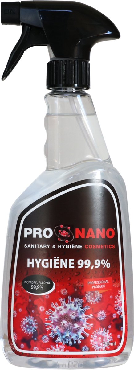 ProNano | Pro Nano Hygiëne 99,9% 750ml | Nano Technologie Hygiëne 99,9% is het product om bacteriën te verwijderen. Dit is belangrijk omdat het voorkomt dat de ziekteverwekker zich verspreidt. Geschikt voor badkamer, keuken, kantoor en in de auto