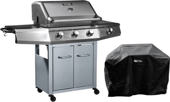 Gas BBQ gasbarbecue barbecue "Bingo 4" - 4 branders waarvan 1 zijbrander - 14 kW + beschermhoes - Zilver