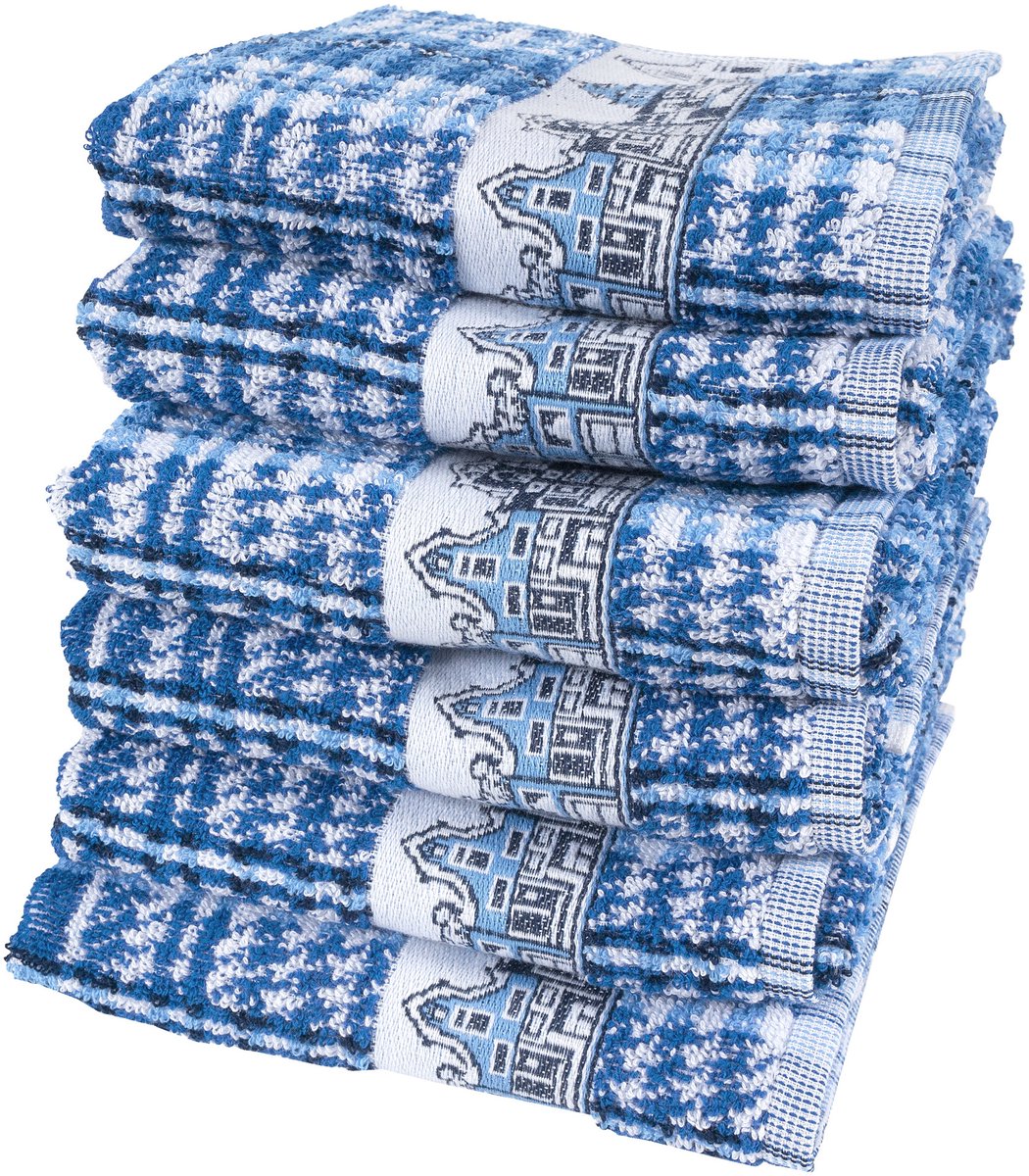Twentse Damast Keuken Handdoeken - Hollandse Designs - Keukendoeken Set - 6 stuks - 50x55 cm - Grachtenpanden Zwart