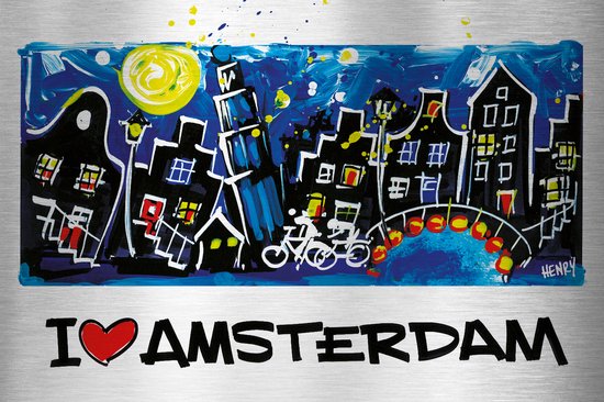 I LOVE AMSTERDAM - uniek sign painted kunstwerk op geborsteld aluminium 60 x 40 cm