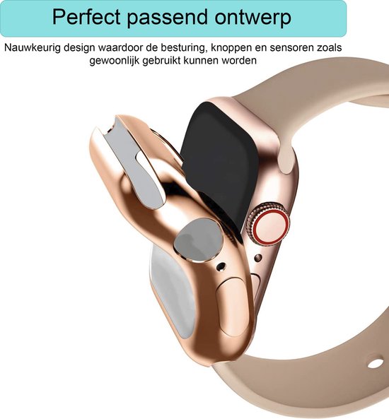 Gouden Apple Watch hoesje wordt over een watch met beige bandje geschoven.