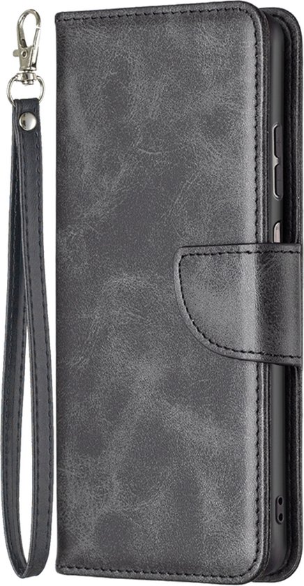Étui portefeuille noir pour téléphone avec cordon détachable.