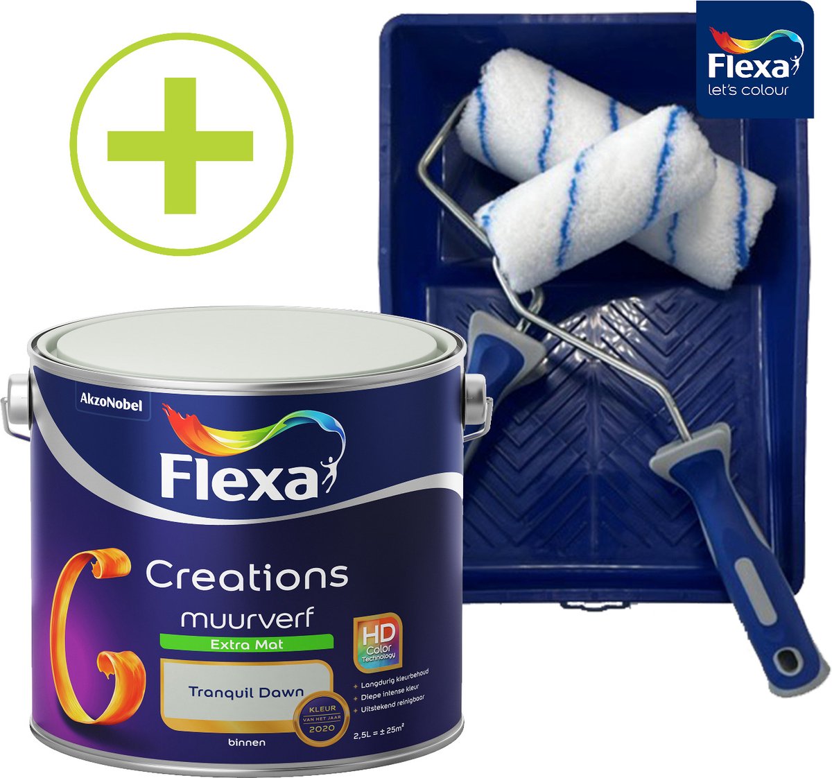 Flexa Creations - Muurverf - Extra Mat - Tranquil Dawn - Groen - 2.5 l + Flexa Muurverfset 5-delig