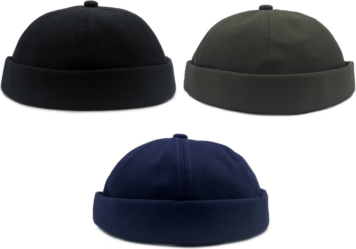 ASTRADAVI Docker Beanie Caps - Katoenen Zeemansmuts Retro & Hip Hoeden voor Dames Heren Uniseks Visser Caps. 3-Set Zwart, Marineblauw, Legergroen (3 Stuks)