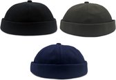 Docker Beanie Caps - Chapeau de marin en coton rétro et Chapeaux de Hip pour femmes hommes casquettes de pêcheur unisexe. 3- Set Zwart, Bleu Marine, Vert Armée.
