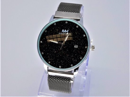 MH Quartz horloge, staal band, datumaanduiding, zwart sterren wijzerpl, magneetsluiting Ø 4cm.