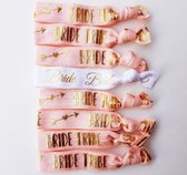8 elastische armbanden set Bride en Bride Tribe wit met roze en goud - vrijgezellenfeest - armband - bruid - bride - tribe