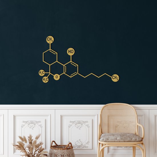Wanddecoratie |Serotonine Molecuul / THC Molecule   decor | Metal - Wall Art | Muurdecoratie | Woonkamer |Gouden| 60x36cm