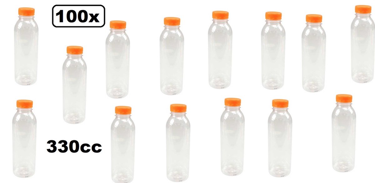 100x Flesje helder 330cc met oranje dop - drink fles vruchten sap limonade drank