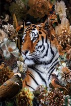 80 x 120 cm - Glasschilderij - tijger - kleurrijke bloemen - schilderij fotokunst - foto print op glas