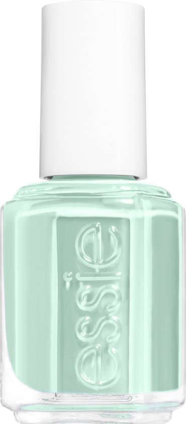 Flesje mintgroene Essie nagellak met witte dop. De tekst 'essie nail lacquer' staat op het flesje.