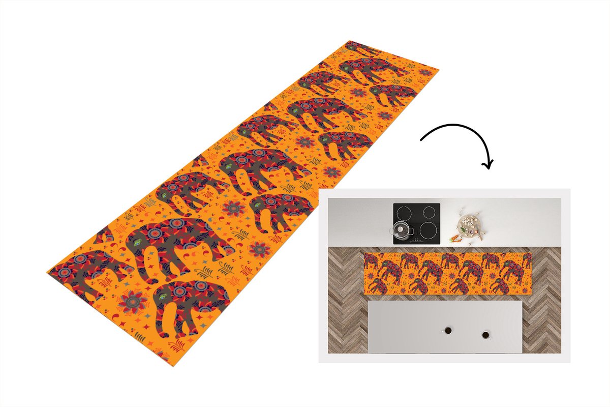 KitchenYeah Keukenloper - Loper keuken - Olifant - Ornament - Bloemen - Patroon - 240x60 cm - Keukenloper vinyl Multicolor