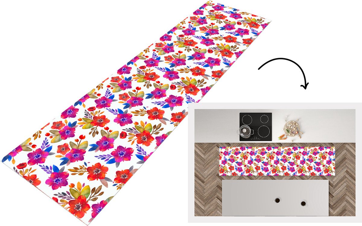 Keukenloper - Loper keuken - Waterverf - Bloemen - Paars - 200x50 cm - Keukenloper vinyl