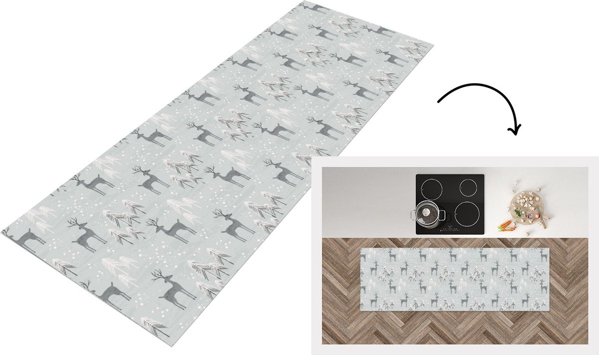 KitchenYeah Keukenloper - Loper keuken - Patronen - Hert - Winter - 150x50 cm - Keukenloper vinyl Multicolor