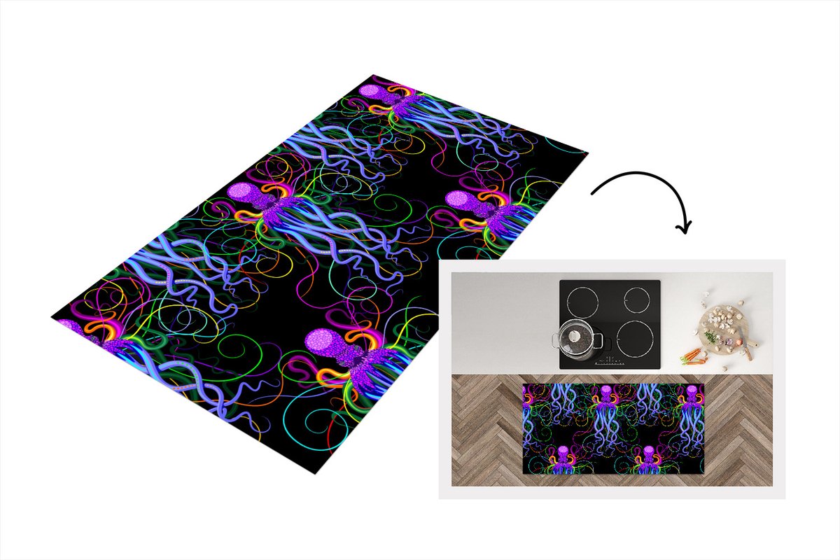 KitchenYeah Keukenloper - Loper keuken - Octopus - Regenboog - Neon - Abstract - Patronen - 120x60 cm - Keukenloper vinyl Multicolor