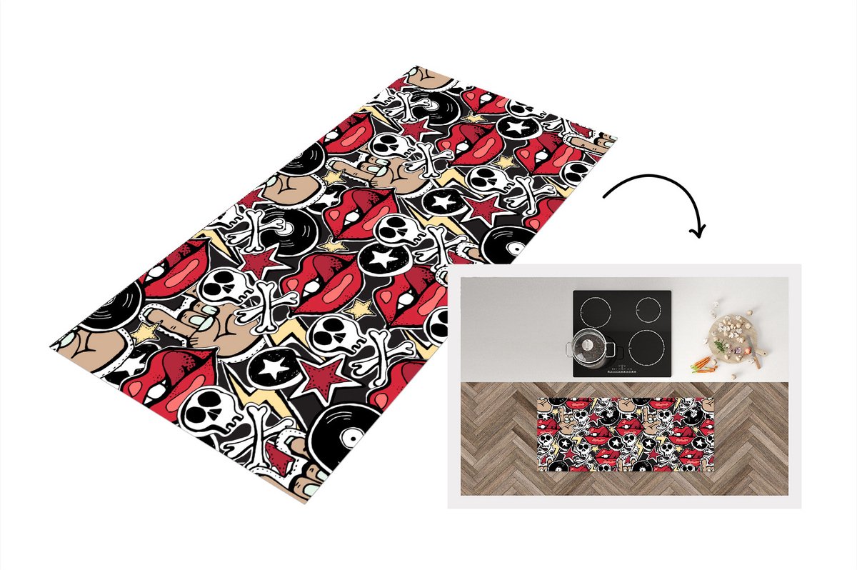 KitchenYeah Keukenloper - Loper keuken - Rock - Rock 'n roll - Patroon - Doodshoofd - Keukenloper vinyl Multicolor